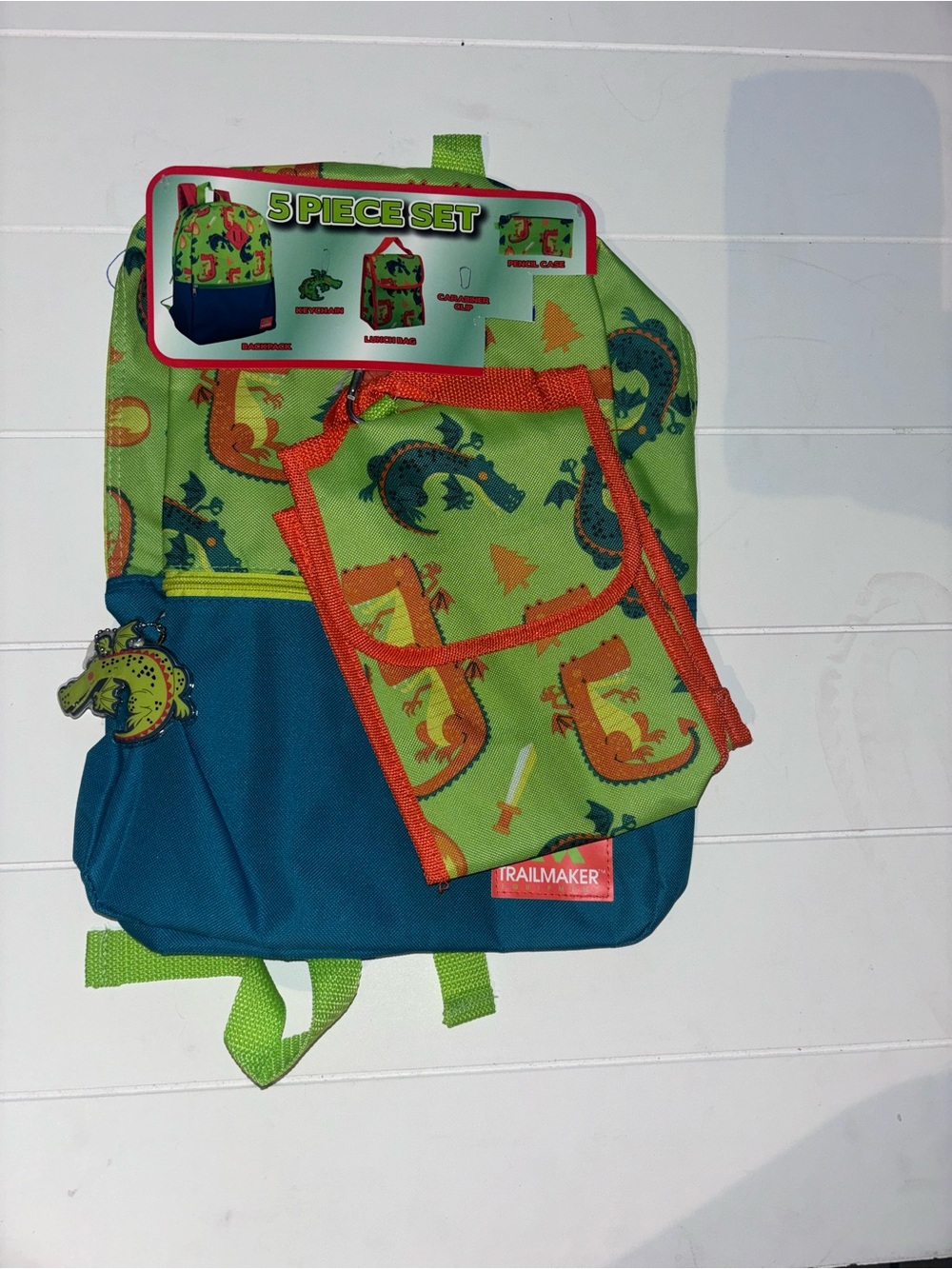 5 Piece Kids Boys Backpack Bag Back to School Set - Green & Orange Dragon Print - Picture 2 of 16